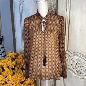 OLM Brown And Black Geometric Pattern Sheer Long Sleeve Blouse